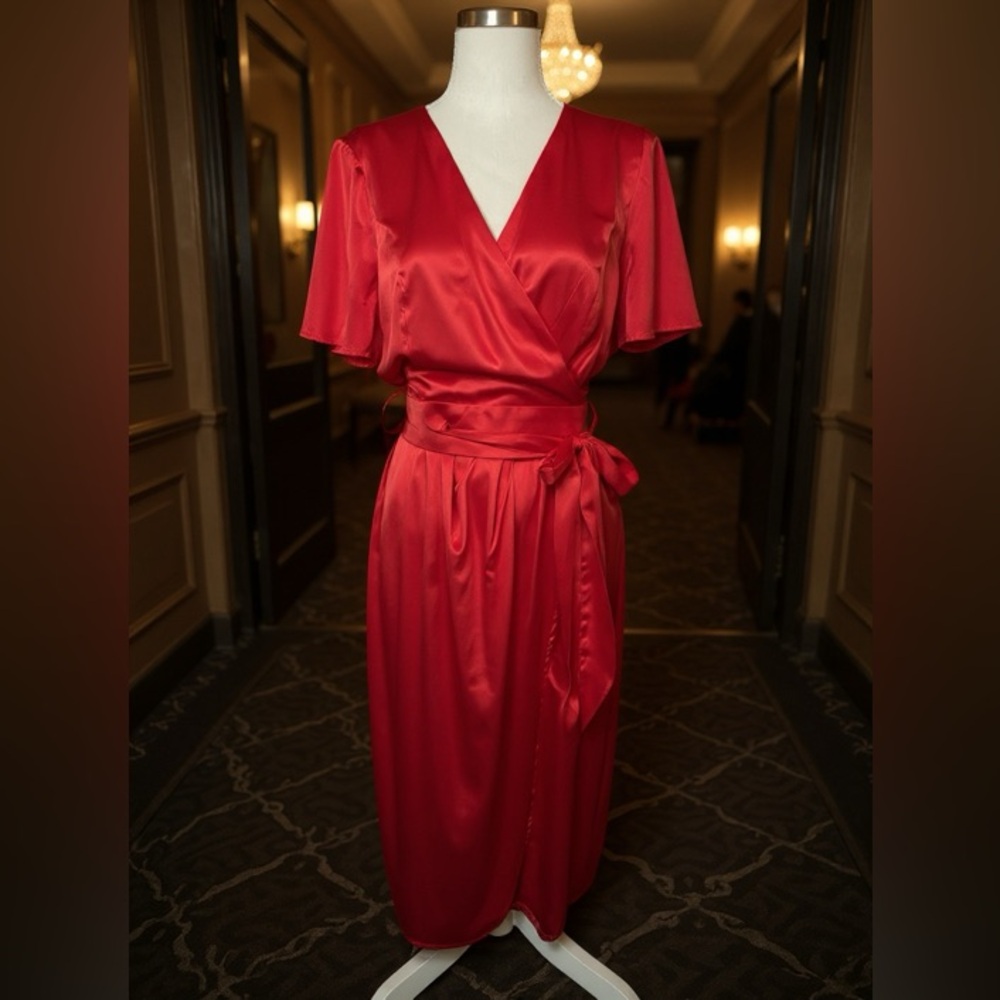 Zesica Red Satin faux wrap Dress LARGE short sleeve stretch V Neck belt zipper - Picture 2 of 16